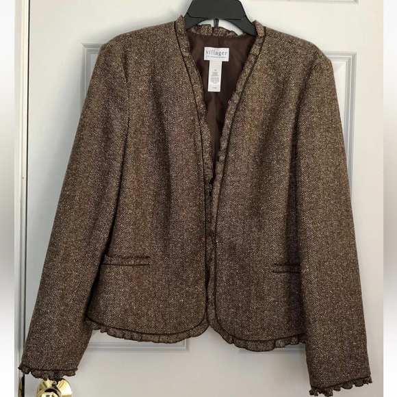 VILLAGER By LIZ CLAIBORNE Brown Blazer Jacket Women's Size 16 Open Front Ruffle - Picture 3 of 12